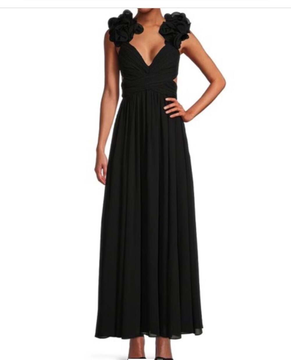 Antonio Melani Ruffle Shoulder Pleated formal Gown prom Dress Black Size 8